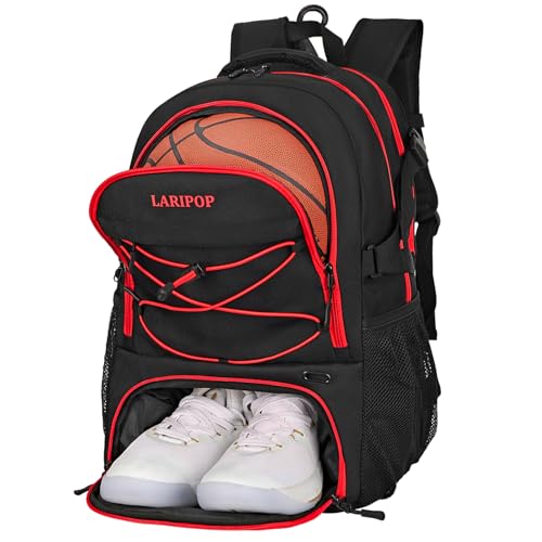 LARIPOP Basketball Backpack Large Basketball Bag with Ball Holder & Shoe Compartment for Adults Men Women - color: Red