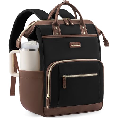 LOVEVOOK Laptop Backpack for Women with Giant Tumbler Holder,15.6 inch Professional Nurse Teacher Backpack Computer Laptop Bag,Cute Waterproof Travel Backpack Purse Work College Bag, Black-Brown - color: Black-brown, size: 15.6 Inch