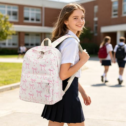 LEDAOU School Backpack for Teen Girls - 15.6 Inch Laptop Backpack, Cute Bow Aesthetic Bookbag, Lightweight Water Resistant Daypack for Middle High School, College and Travel - color: A-pink Bow Tie