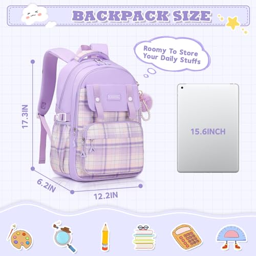MUSEVOS Girls Backpack, Ideal School Backpack for Girls from Elementary to Teen Years, Kawaii Bookbag Cute Large Capacity - color: Purple