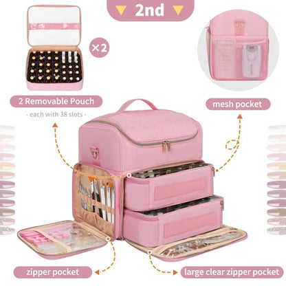 CUBETASTIC Extra Large Nail Polish Organizer Case Holds 86 to 100+ Bottles & Nail Lamp, Nail Supplies Storage Bag with 2 Removable Pouches, Nail Art Travel Box - color: Light Pink