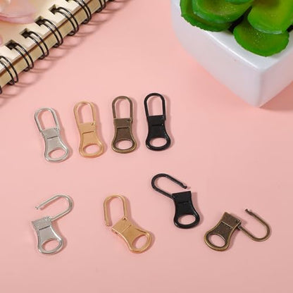 8 Pcs 4 Colors Detachable Zipper Pull Replacement, Metal Zipper Pull Tabs for Small Holes Zippers Pulls Repair Kit for Jackets Luggage Backpacks Shoes Purse Coat Pants (Silver, Gold, Black, Bronze)