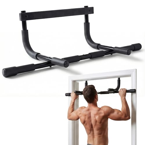 DMoose Fitness Door Pull Up Bar for Doorway - 250 Lbs Capacity, 1.7mm Heavy Duty Steel, 4 Grip Positions, No Drill Installation, Foam Door Protection & Cushioned End Caps (Black Classic)