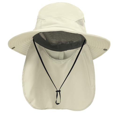 NPQQUAN Sun Hats for Men Women with Neck Flap UPF 50+ UV Protection Wide Brim Bucket Hat Safari Hiking Fishing Hats - color: Beige（neck Flap）