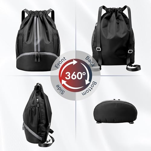 PinCute Drawstring Backpack for Women Men, Gym Bag for Soccer, Basketball, Swim, Beach, Water-Resistant Sports Backpack with Wet Pocket and Shoe Compartment, Black - color: Black