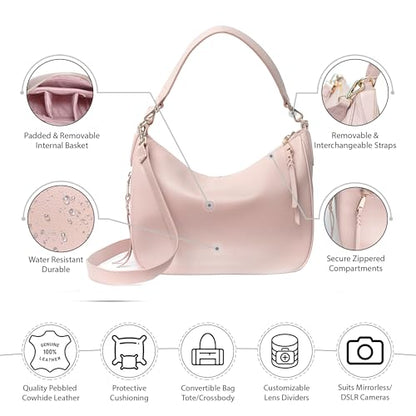 Meliae Camera Bag for Women, DSLR Mirrorless Camera Purse, Leather Shoulder Crossbody Hobo Travel Tote - color: Pink