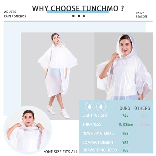 TUNCHMO Disposable Rain Ponchos 6 Pack for Adults/Kids/Family Set-50% Thicker Emergency Ponchos - color: Adults White 6 Pack