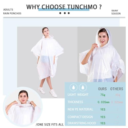 TUNCHMO Disposable Rain Ponchos 6 Pack for Adults/Kids/Family Set-50% Thicker Emergency Ponchos - color: Adults White 6 Pack