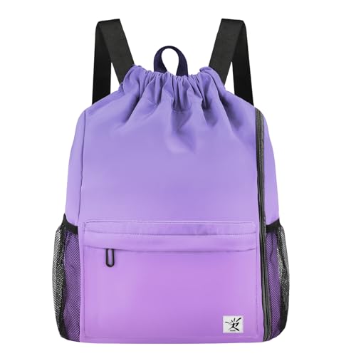 Drawstring Backpack with Mesh Pockets String Gym Bag Sackpack Sandproof Water Resistant Beach Backpack for Men Women - color: Light Purple Gradient