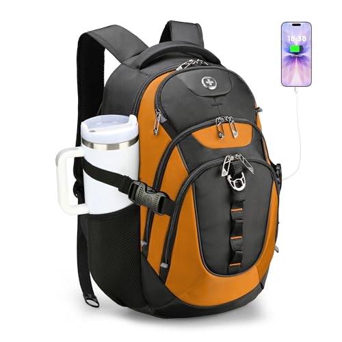 Swissdigital Design Laptop Backpack with USB Charging Port, Travel Backpack Fits 15.6 inches Computer, 31L College School Backpack for Men, Orange/Black | SD803-66 - color: Orange/Black