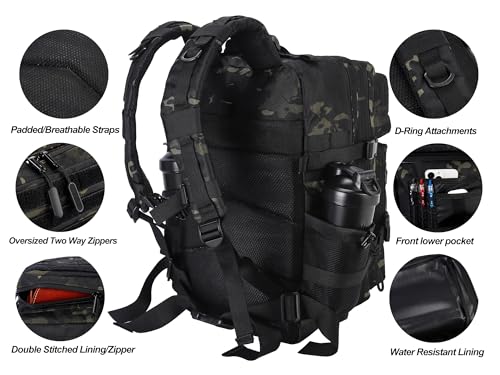 LHI Military Tactical Backpack for Men and Women 45L Army 3 Days Assault Pack Bag Large Rucksack with Molle System - Black CP - color: 1.9 Black Cp