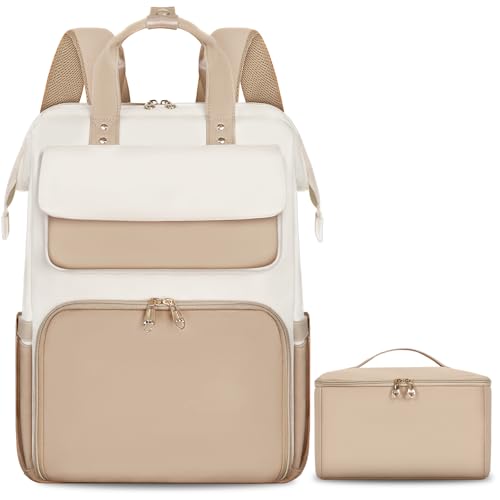 BERTASCHE Lunch Backpack for Women, 15.6 Inch Laptop Backpack with Insulated Cooler Lunch box, Nurse Backpack for Teacher Work Travel College Picnic, Khaki-Beige - color: Khaki-beige, size: 15.6 inch