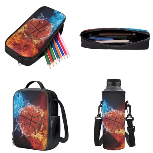 Basketball Water Flame 4-in-1 Portable Backpack for Kids Elementary School Bookbag Pen Case Lunch Box Water Bottle Sleeve for Middle High College School Student - color: Basketball Water Flame