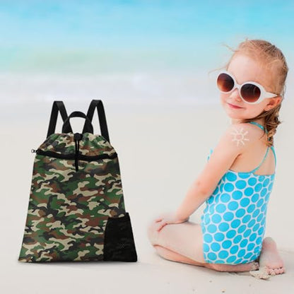 Green Camouflage Drawstring Backpack, 15” x 17” Waterproof Swim Bag for Beach Swimming Pool, Lightweight Foldable Gym Bag with Water Bottle Holder for Sports Travel - color: Camouflage