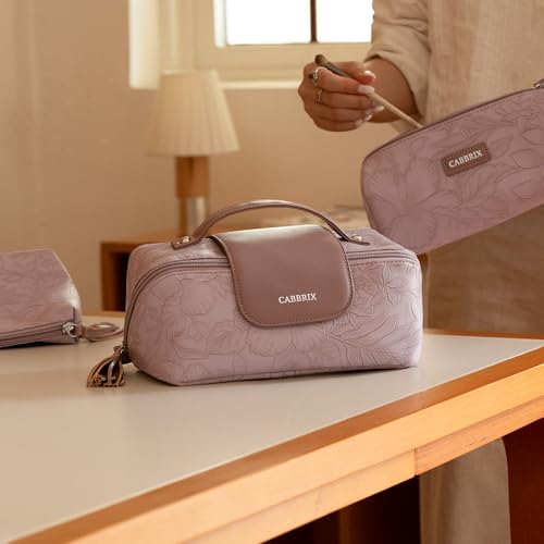 Cabbrix Travel Makeup Bag, Extra Large Capacity 3 Pcs Set Cosmetic Bag for Women, Waterproof PU Leather, Flat Open Portable Toiletry Bag for Skincare, Brushes & Travel Essentials (Purple) - color: Purple
