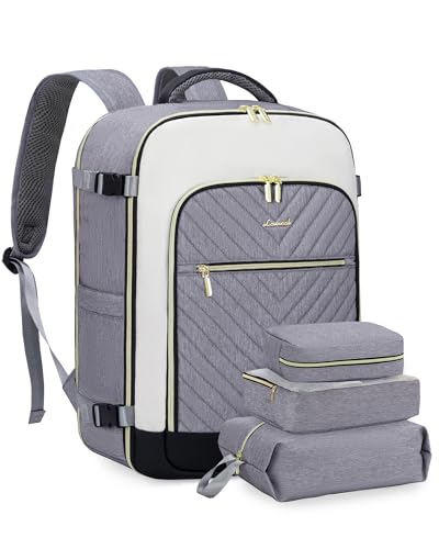 LOVEVOOK Large Travel Backpack for Women, TSA Carry on Backpack for Airplanes, 40L Personal Item Travel Bag for Women fits 17" Laptop,Waterproof Carry on Bag Airplane Approved with 3 Packing Cubes - color: Grey - Beige - Black, size: 40L-4Pcs