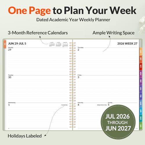 SUNEE Academic Planner 2026-2027 – Weekly & Monthly Planner, July 2026 to June 2027, 8.5"x11", Thick Paper, Tabs, Pockets, Bookmark, Spiral-Bound, Student Teacher Organizer, Sage Green - color: Green