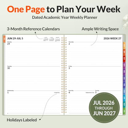 SUNEE Academic Planner 2026-2027 – Weekly & Monthly Planner, July 2026 to June 2027, 8.5"x11", Thick Paper, Tabs, Pockets, Bookmark, Spiral-Bound, Student Teacher Organizer, Sage Green - color: Green