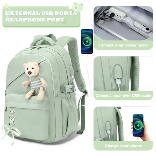 ACESAK School Backpack for Girls - 3 PCS Cute Girls Backpack with Lunch Box & Pencil Case - Kawaii Casual Kids Bookbag School Bag Daypacks Set for Elementary Middle High School Student Teens (Green) - color: Green