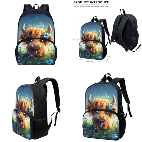Cute Highland Cow Backpack for Girls Kids Backpack with Lunch Box Water Bottle Holder and Soft Pencil Case 4Pcs Set 17" Bookbag with Large Front Pocket for School Sturdy Elementary School Bag - color: Cute Highland Cow-2