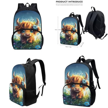 Cute Highland Cow Backpack for Girls Kids Backpack with Lunch Box Water Bottle Holder and Soft Pencil Case 4Pcs Set 17" Bookbag with Large Front Pocket for School Sturdy Elementary School Bag - color: Cute Highland Cow-2