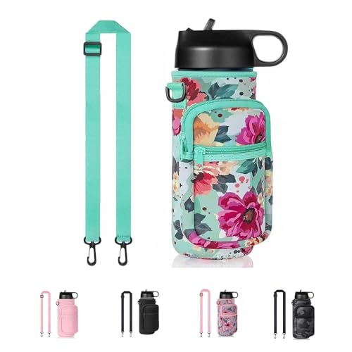 Water Bottle Holder with Strap, Insulated Crossbody Sling Bag, Carrier with Phone Pocket for Walking Hiking Camping Fishing - color: Flower Green, size: 32oz Short