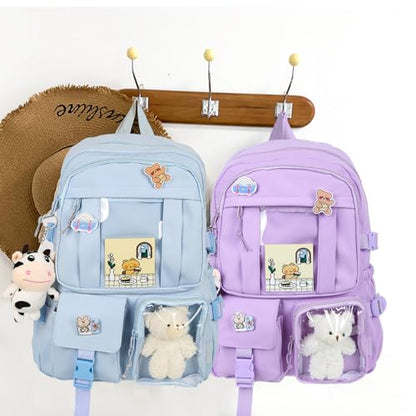 Kawaii Backpack for Girls Cute Aesthetic Backpack Bookbag with Pins Accessories Pendant for School - color: Sky Blue