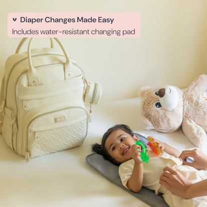 BabbleRoo Leather Diaper Bag Backpack - Baby Essentials Travel Baby Bag, Multi function, Water Resistant, with Changing Pad, Stroller Straps & Pacifier Case – Unisex, Eggshell White - color: Vegan Leather Eggshell White, size: Large