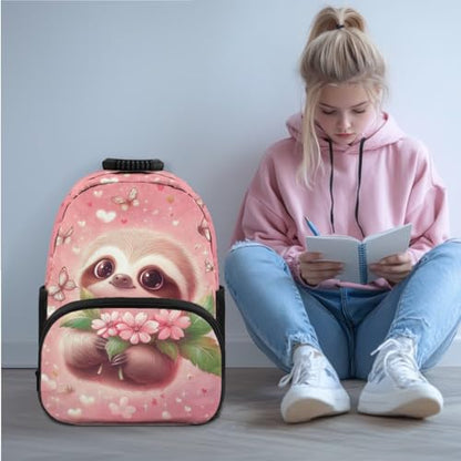 JEOCODY Cute Sloth Backpack for Girls Cherry Blossom Kids School Bag with Lunch Bag Pencil Case Water Bottle Holder,Childrens Backpack for Boys Casual Daypack for Travel Hiking Picnic - color: Cherry Blossom Sloth Printed