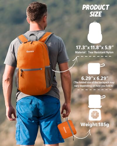 Gonex Packable Daypack Backpack 20L Lightweight Foldable Travel Bag - color: Orange
