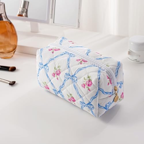 Cute Floral Makeup Bag Small Cotton Quilted Cosmetic Bag, Aesthetic Essential Bag Emergency Bag Gift for Women Girls Travel Accessories (Blue Bowknot Rose) - color: A7 Blue Bowknot Rose