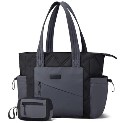 LOVEVOOK Tote Bag for Women, puffer tote bag for Work Travel Nurse, Lightweight quilted Bags with Compartments - color: M-15.6 Inch-‎black-steel Gray