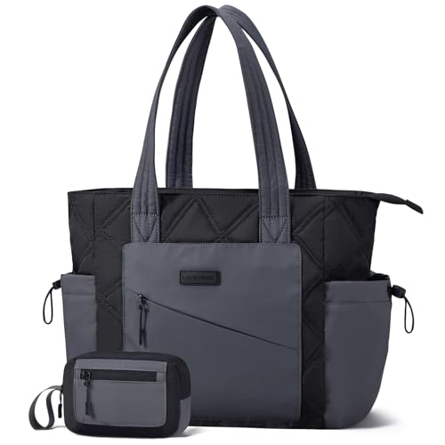 LOVEVOOK Tote Bag for Women, puffer tote bag for Work Travel Nurse, Lightweight quilted Bags with Compartments - color: M-15.6 Inch-‎black-steel Gray