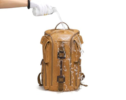 Heavy-Duty Waxed Canvas Backpack for Men,17" Laptop Rucksack with Genuine Leather, Multi-Pocket Travel Bag - color: Yellow