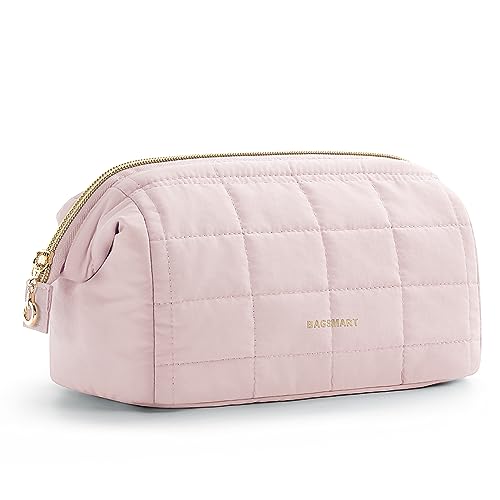 BAGSMART Makeup Bag Travel Toiletry Bag, Puffy Padded Make Up Bags for Women Makeup Organizer Case, Wide-open Pouch Purse Travel Essentials Toiletries Accessories Brushes, Pink - color: 01-Sakura Pink