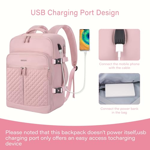 MOSISO 40L Travel Backpack for Women, Rhombus Quilted Flight Approved Carry on Daypack with USB Charging Port&Drawstring Bag, 17-17.3 inch Laptop Backpack for Office Work Travel Essentials, Pink