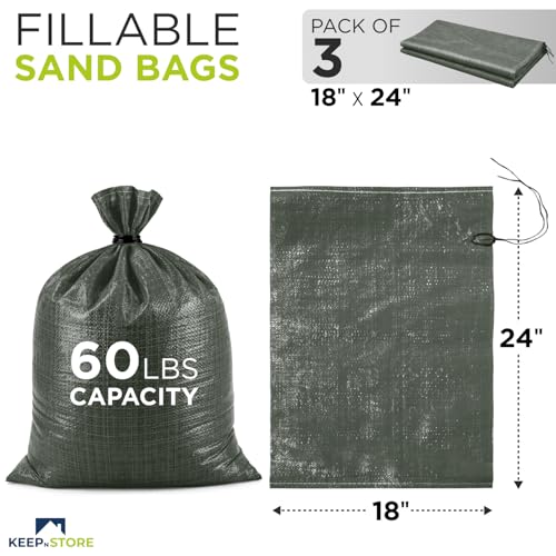 Heavy Duty Sand Bags Pack of 3, Army Green Empty Sandbags with Built-In Ties, Woven Polypropylene UV Protection 1600 Hours, Fillable Bags for Flood Control, Weight, 18x24 inches, 60 Pounds Volume - size: 18"W x 24"L, style: Pack of 3