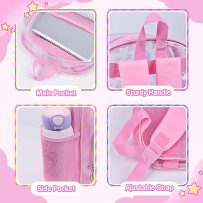 SHPMXUPW 3PCS Clear Pink School Backpack for Kids - Dinosaur Backpack for Girls 4-8, Heavy Duty Transparent Pink Bookbag with Lunch Bag and Pencil Case - See Through PVC Transparent Bookbag - color: Pink-Dinosaur
