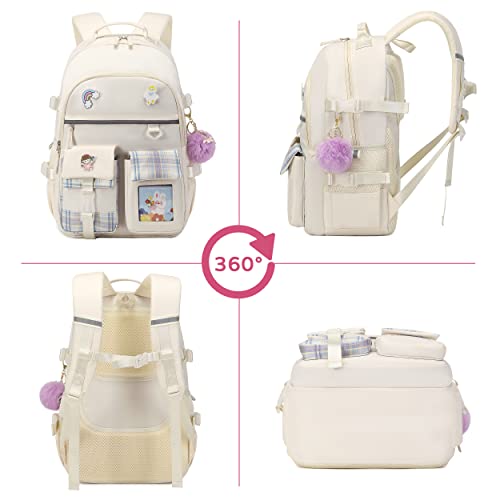 Backpack for Girls, 15.6 Inch Laptop School Bag Kids Kindergarten Elementary College Backpacks Large Bookbags for Teen Girl Women Students Casual Travel Daypacks (Beige) - color: Beige