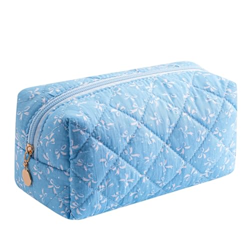 Cute Floral Makeup Bag Small Cotton Quilted Cosmetic Bag, Aesthetic Essential Bag Emergency Bag Gift for Women Girls Travel Accessories (Blue) - color: Blue