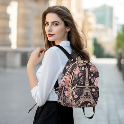 Paris Flowers Eiffel Tower Mini Backpack for Women Quilted Small Backpack Purse Causal Daypack for Travel, M - size: Medium