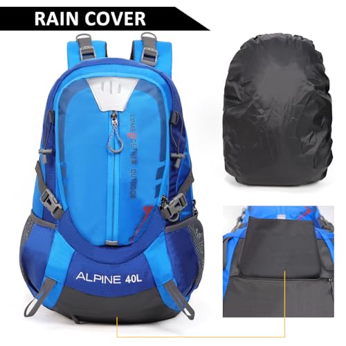 Hiking Backpack Camping 40L Outdoor Daypack Lightweight Travel Backpack with Rain Cover for Women Men (Blue) - color: Blue