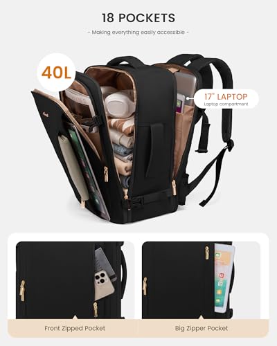 LOVEVOOK Travel Backpack For Women & Men with Waist Strap,40L Waterproof Carry On Backpack Luggage Travel Essentials Flight Approved,TSA Personal ltem Travel Bag Weekender Daypack with 3 Packing Cubes - color: Black With Waist Strap, size: 17.3 Inch