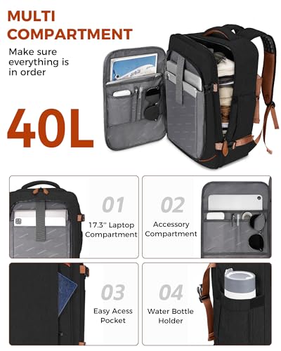 Vancropak 40L Travel Backpack Flight Approved Carry On for Men Women, Expandable Weekender Bag with 3 Packing Cubes, Water Resistant Anti-Theft Daypack fits 17.3" Laptop, Large Lightweight Luggage - color: Dark Black Brown