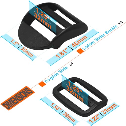 LASIGHT 4 Pack Slider Ladder Lock Buckle and Tri-glide Slide for 3/4", 1", 1-1/4", 1-1/2", 2" Webbing Strap - style: Fit 1 1/4" Webbing