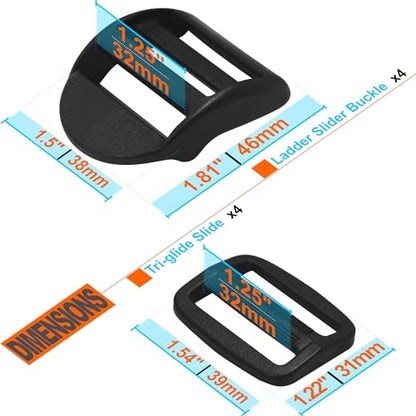 LASIGHT 4 Pack Slider Ladder Lock Buckle and Tri-glide Slide for 3/4", 1", 1-1/4", 1-1/2", 2" Webbing Strap - style: Fit 1 1/4" Webbing