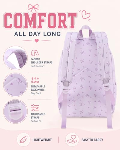 CAMTOP Girls Backpack with Lunch Box Set, Cute Bow School Backpack for Kids, 3-in-1 Lightweight Lunch Bag and Pencil Pouch - color: Purple Heart Bow