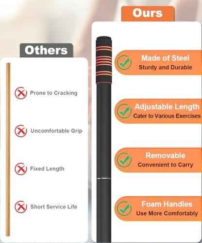 5ft Yoga Stick – Heavy-Duty Steel Adjustable Stretching Bar for Mobility, Flexibility & Balance. Multi-Functional Fitness Pole with 4 Steel Rods & Comfort Foam Grips - color: Black