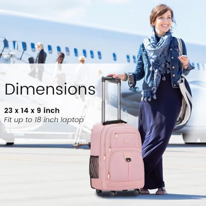 MATEIN Pink Rolling Backpack, 18 inch Womens Roller Laptop Bag with 4 Spinner Wheels, Water Resistant Wheeled Backpack Carry on Luggage, Extra Large Travel Rolling Suitcase Bag - color: Pink, size: 18 inch