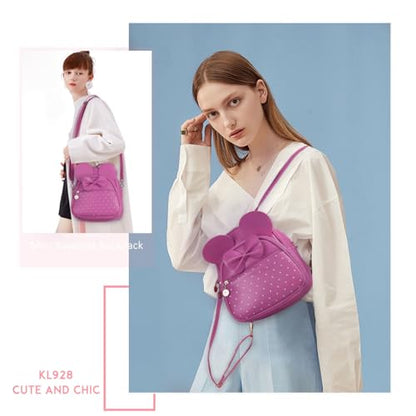 KL928 Girls Mini Backpack Bowknot Polka Dot Cute Small Daypacks Convertible Shoulder Bag Purse for Women - color: Fuchsia